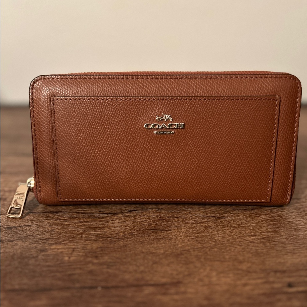Coach Saddle Brown Leather Accordian Zip Wallet